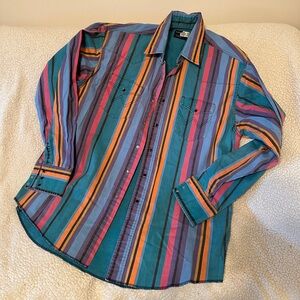 VINTAGE Wrangler Men’s Brushpopper Teal Purple Pink Orange Striped Western Shirt
